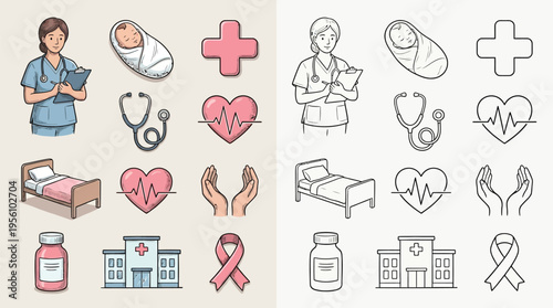 A collection of colorful and outline medical icons representing healthcare, including a nurse, baby, hospital, and various health symbols.