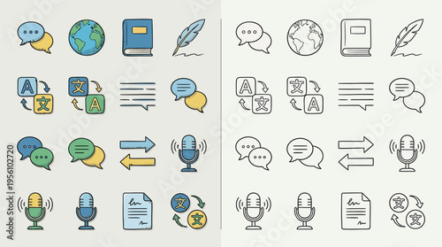 A collection of colorful and monochrome icons representing translation services, including speech bubbles, globes, books, quills, text, microphones, and documents.