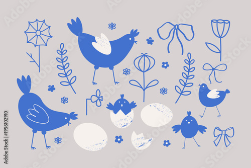 Easter chicken set with eggs and spring flowers. Folk art. Vector illustration on isolated background. Blue and white style bird collection for Christian holiday. Hand drawn farmhouse. For design