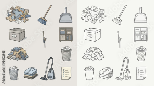A collection of hand-drawn illustrations depicting various cleaning supplies and items, presented in both colored and line-art versions.