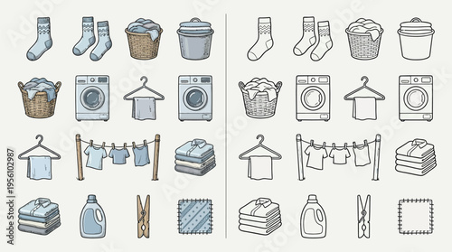 A collection of colorful and monochrome icons representing various laundry and cleaning tasks, including washing machines, clotheslines, and folded garments.