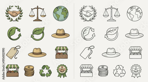 A collection of icons representing ethical business practices, sustainability, and fair trade, presented in both color and outline versions.