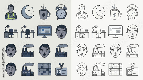 A collection of icons depicting a worker's daily routine, including work, rest, and industrial elements.