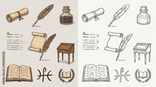 A collection of vintage writing instruments and tools, including quills, inkwells, scrolls, books, and desks, presented in both color and monochrome.
