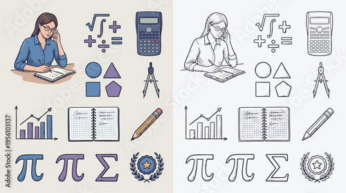 Illustration of a woman studying mathematics with various symbols and tools, including a calculator, compass, and geometric shapes.