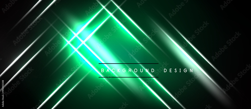 Obraz premium Dark background features bright green neon lines, creating dynamic abstract design. Central glow adds focal point, modern aesthetic.