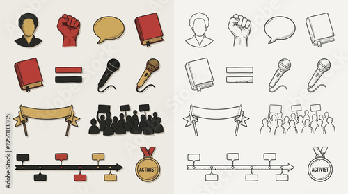 Collection of icons representing activism, including symbols like a raised fist, speech bubble, books, microphones, banners, crowds, and timelines.
