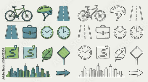 Bild auf Leinwand Collection of colorful and outline icons representing urban life, transportation, and environmental elements