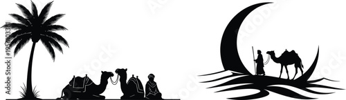 Tropical island silhouettes with palm tree and fantasy creature