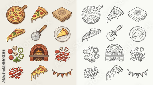 A collection of colorful and monochrome illustrations of pizza ingredients, pizza oven, pizza cutter, and pizza slices, presented in a grid layout.