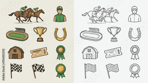 Collection of horse racing icons in color and outline, featuring jockeys, horses, trophies, and track elements.