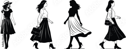 Four women in different fashion outfits silhouette