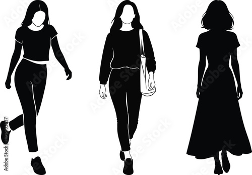 Three black silhouettes of women in different attire