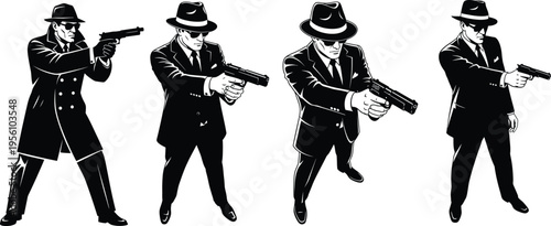 Four men in suits and hats posing with guns