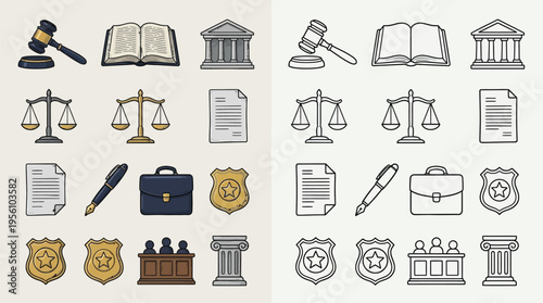 Collection of legal and justice icons, presented in both color and outline versions, depicting symbols of law and order.