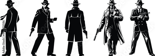 Silhouettes of four men in top hats with guns