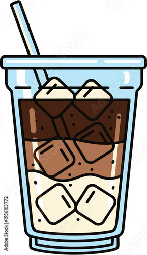 A refreshing layered iced coffee drink in a clear plastic cup with a straw, featuring milk, coffee, and ice cubes.