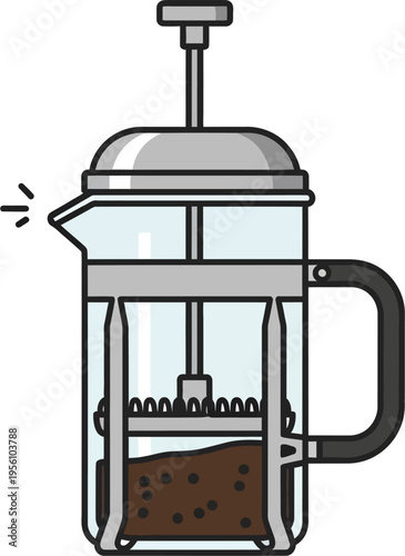 An illustration of a clear glass French press coffee maker with coffee grounds inside, ready to brew a hot beverage.