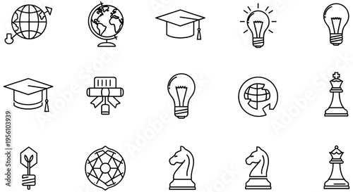 "Black and white icons of global education, innovation, and strategic thinking featuring graduation caps, globes, light bulbs, and chess pieces"