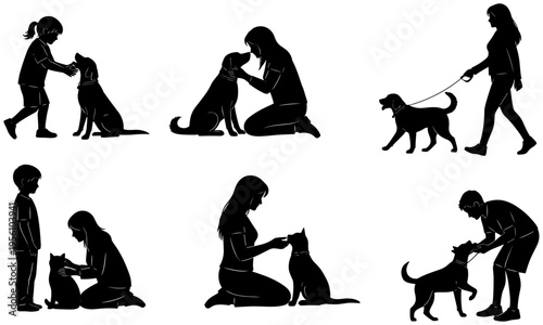 Silhouette illustrations of people interacting with pets, showing companionship, training, walking, and bonding moments with dogs and cats