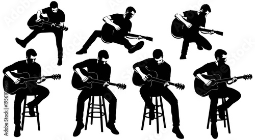 Silhouette illustrations of a person playing acoustic guitar in multiple poses, standing and sitting, showing musical performance and artistry