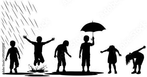 Silhouette illustrations of children playing in rain, jumping in puddles, holding umbrellas, enjoying outdoor fun and carefree childhood moments