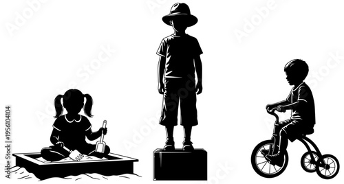 Black silhouette illustration of children playing in sandbox, standing on platform, and riding bicycle with training wheels for design use