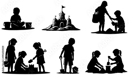 Black silhouette illustration of children building sandcastles, playing with buckets and shovels, and engaging in creative sandbox activities together