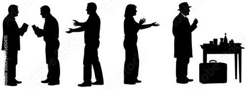 Black silhouette illustration of people engaged in conversation, expressive hand gestures, and vendor presenting goods at table for design use