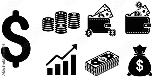 Black and white finance icons featuring dollar sign, coins, wallets, bar chart growth, paper money stack, and money bag illustration