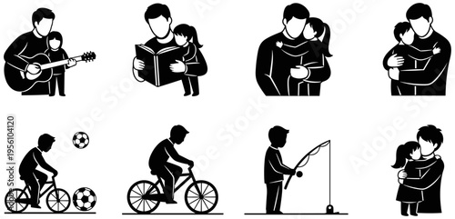 Black and white silhouettes of adult and child bonding through activities like reading, hugging, playing, teaching, fishing, and music illustration