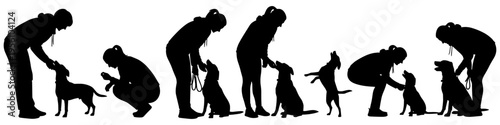 Black and white silhouettes of person training dog with treat, bonding, sitting, paw gesture, and communication in vector illustration
