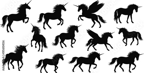Unicorn Silhouette Set with Magical Fantasy Horse Poses and Winged Pegasus Characters for Logo, Tattoo, and Decorative Design