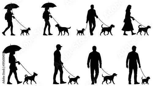 Black Silhouettes of People Walking Dogs – Vector Illustration Depicting Companionship, Leash Walking, Outdoor Activity, and Pet Care Lifestyle
