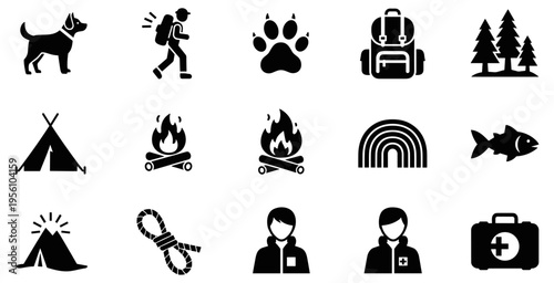 Black Silhouette Icons of Outdoor Adventure – Vector Illustration Depicting Camping, Hiking, Nature, Survival Gear, and Recreational Activities