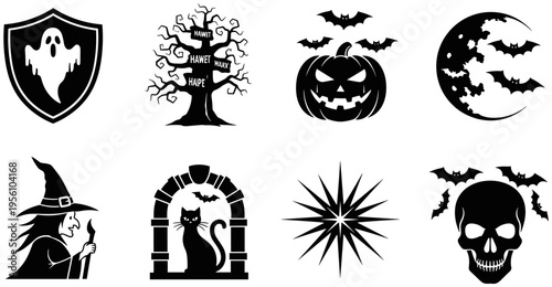 Halloween Silhouette Icons – Vector Illustration Depicting Ghost, Witch, Skull, Cat, Pumpkin, Tree, Moon, and Spooky Symbols