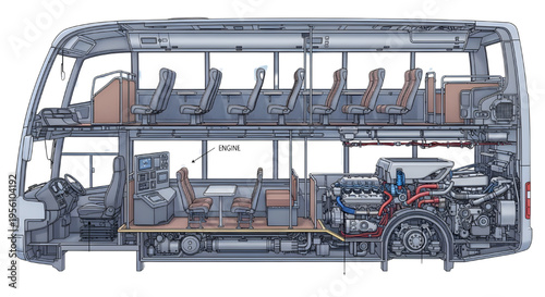 Bus Cross Section CAD Blueprint Interior Engine Driver Cabin Passenger Seating Detailed Technical Schematic Design
