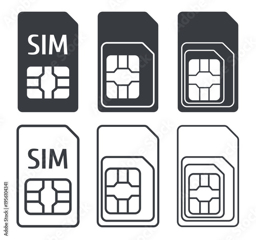 SIM card icon set, mobile phone chip card