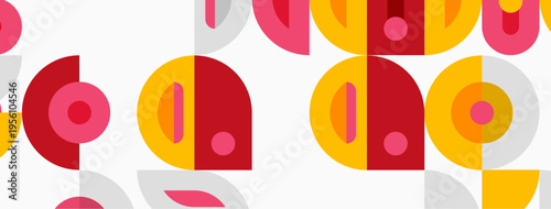 Geometric pattern features overlapping circles, squares, rectangles. Colors include red, yellow, pink, gray. Simple design repeats seamlessly.