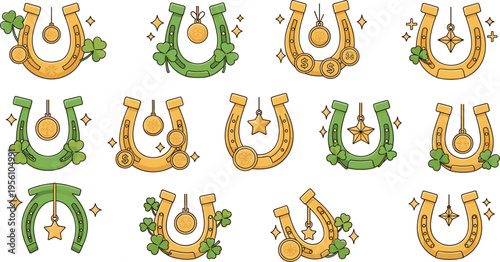 Lucky Horseshoe Set with Gold Coins Clover Leaves and St Patrick Symbols Decorative Good Luck Elements for Holiday Design