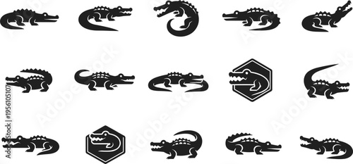 Crocodile Silhouette Icon Set with Alligator Shapes Reptile Emblems and Wildlife Symbols for Logo Design Branding Tattoo Art and Nature Illustration