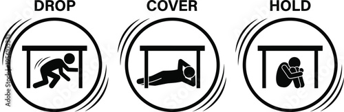 Earthquake safety instructions with drop, cover, and hold illustrations, showing steps to take during seismic activity for protection.