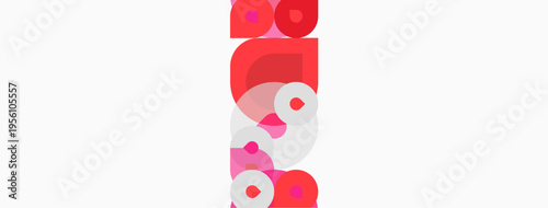 Abstract composition featuring overlapping circles, pinks, whites. Minimalist design, geometric shapes create dynamic visual effect.