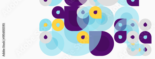 Abstract circles overlap, creating vibrant visual texture. Purple, blue, yellow hues dominate white background. Modern design element.