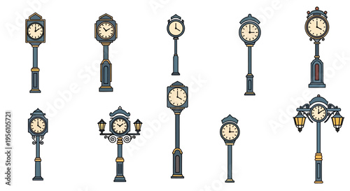 Collection of antique street clocks.