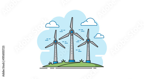 Wind turbines on green hill side.