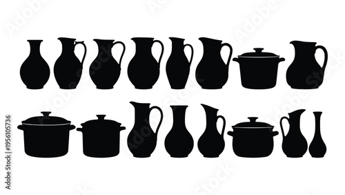 Collection of 14 black silhouette pitchers and teapots