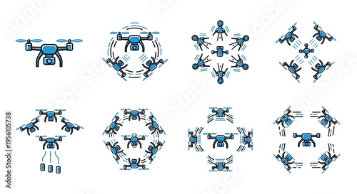 Drones in various formations flying.