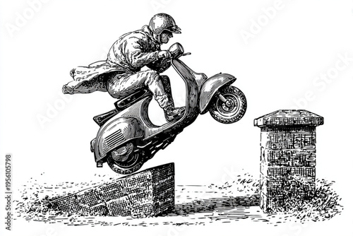 Freestyle Stunt Scooter Jump Trick in Vintage Engraving Style, Black and White Vector