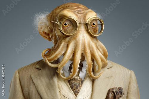 Elderly man with octopus features and glasses in suit against gray background